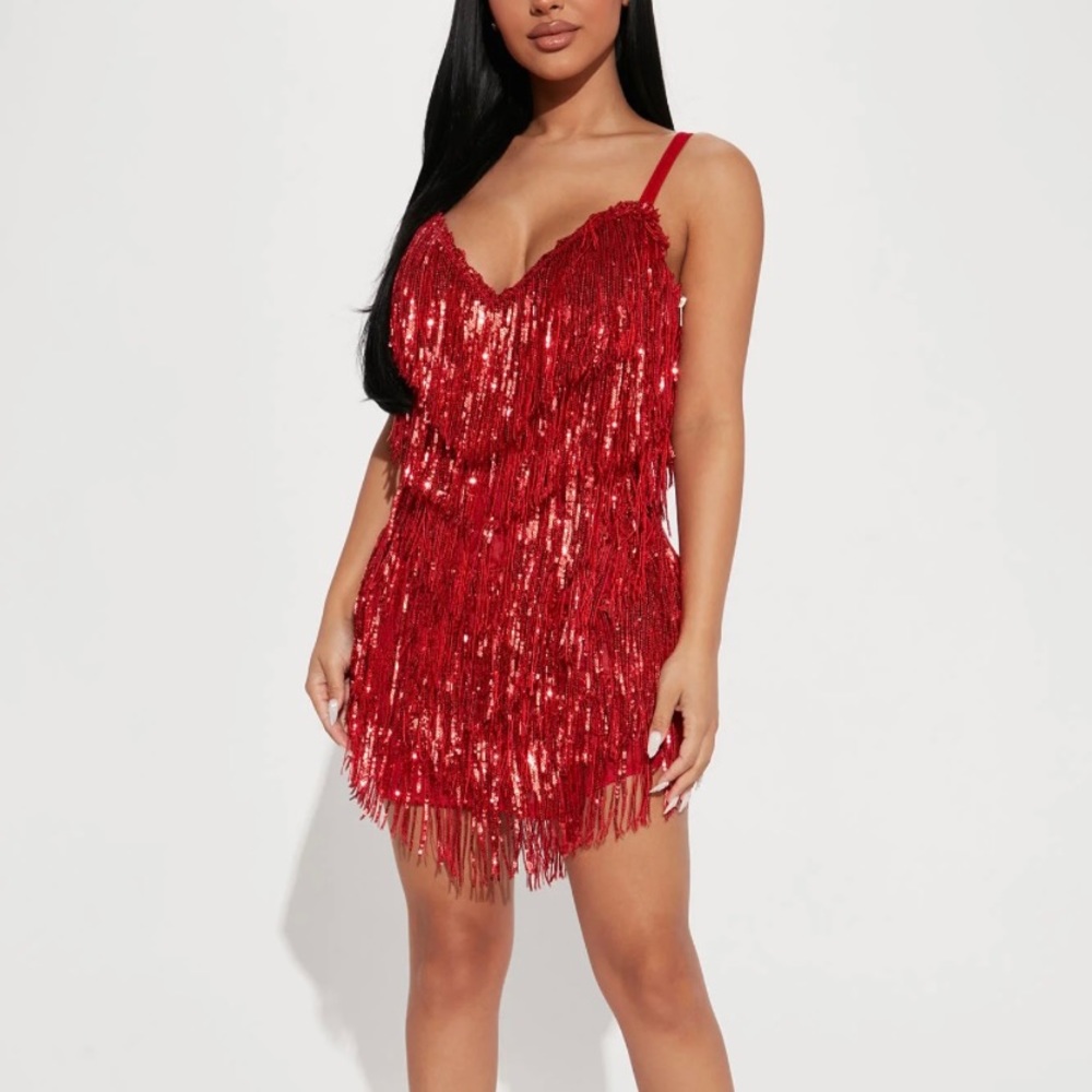 Selena Sequin Fringe Mini Dress - Red